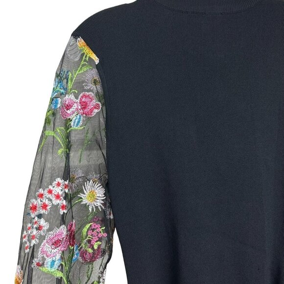 Jealous Tomato Black Sweater Dress Sheer Floral Embroidered Sleeves Waist Tie - Picture 7 of 9